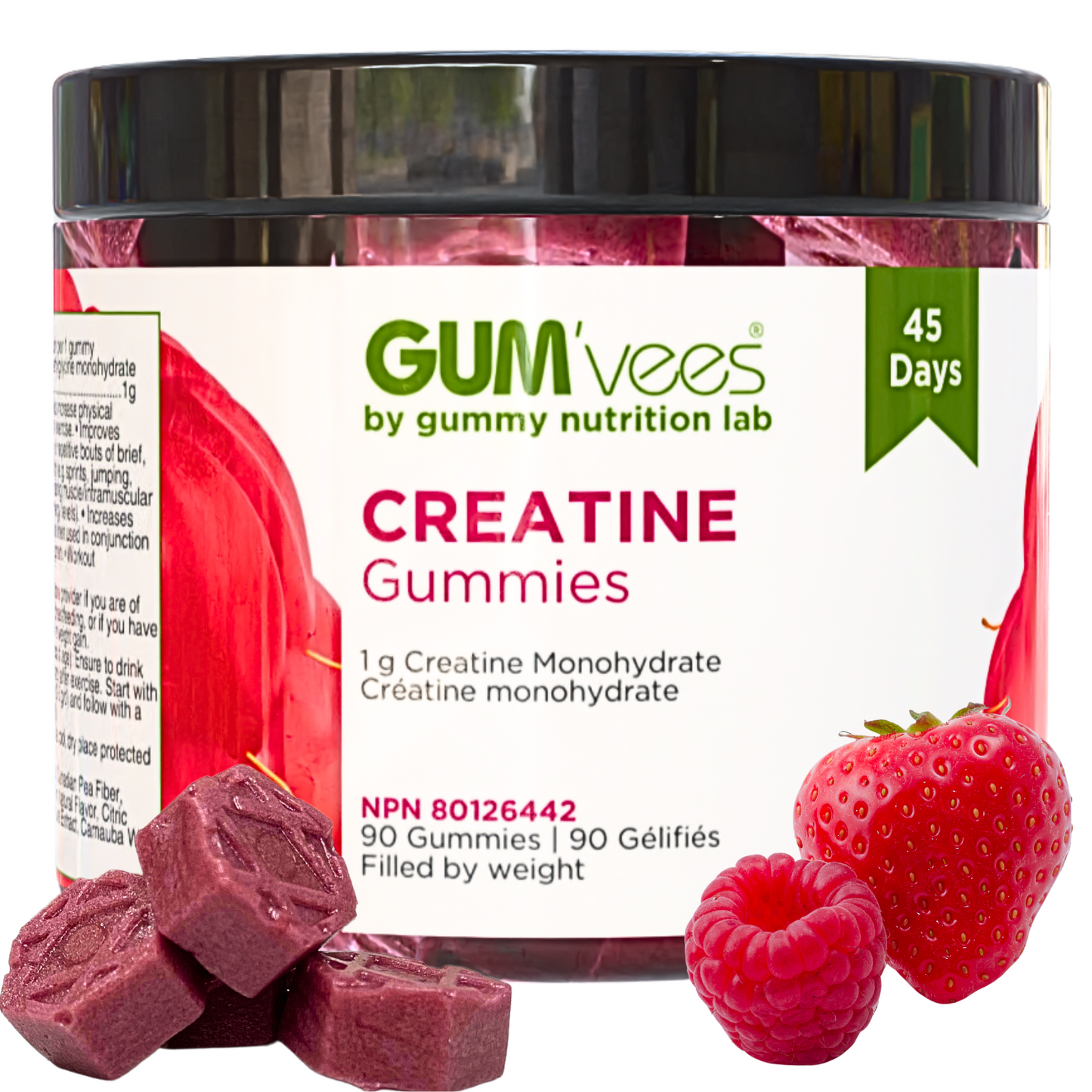 Jar of 90 (45 day supply) of berry creatine gum'vees featuring to-scale, real gummies and simulated strawberry and raspberry for flavour indication