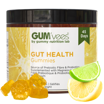 jar of 90 (45 day supply) of gut health gummies featuring true to size real gummies and simulated lemon lime to indicate flavour.