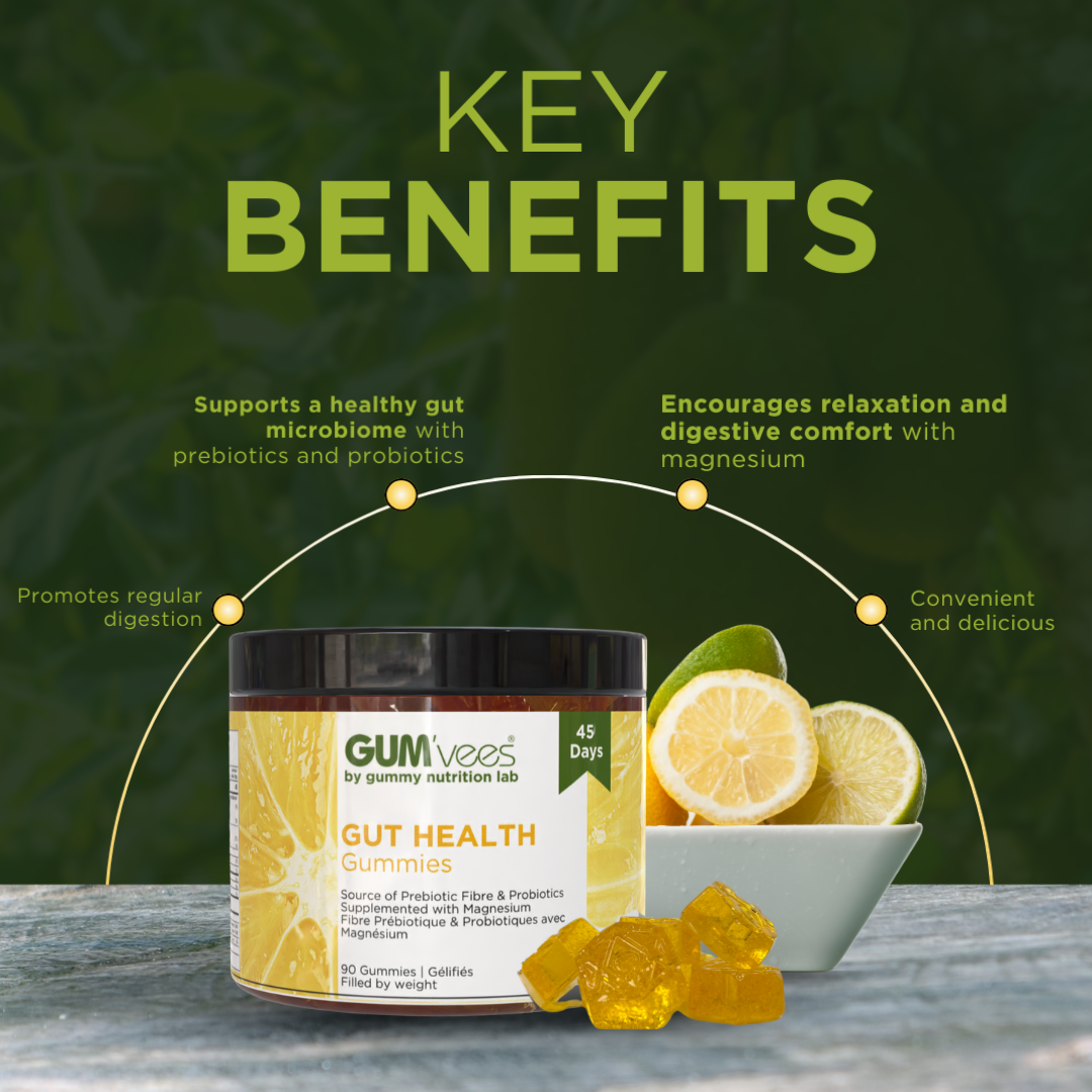 Key benefits of gut health gummies: promotes regular digestion; supports a healthy gut microbiome with prebiotics and probiotics; encourages relaxation and digestive comfort with magnesium; convenient and delicious