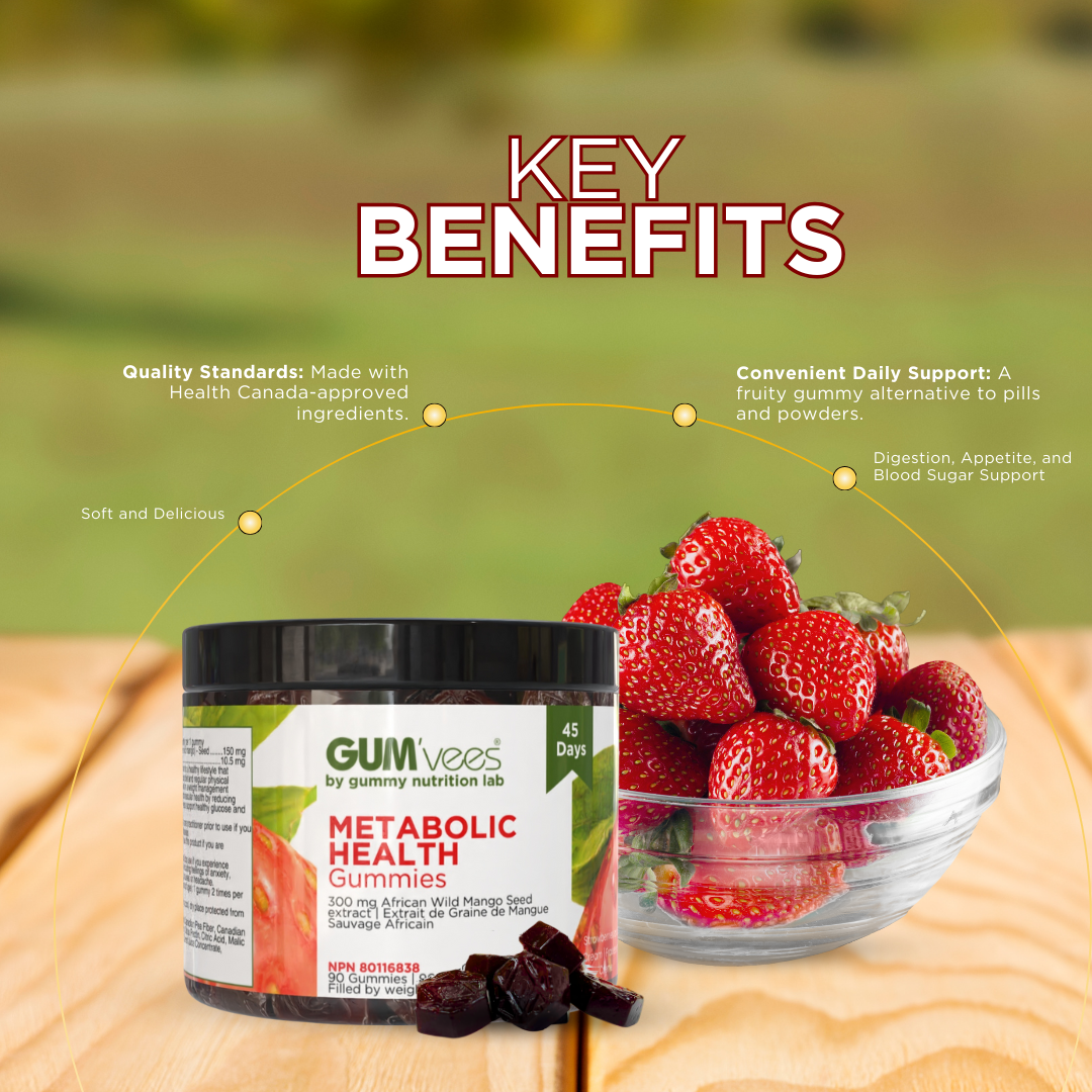 Key benefits of metabolic health gummies: soft and delicious; quality standards: made with Health Canada approved ingredients; convenient daily support: a fruity gummy alternative to pills and powders; digestion, appetite and blood sugar support