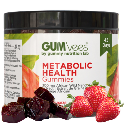 Jar of 90 (45 day supply) of metabolic health gum'vees featuring to-scale real gummies and simulated strawberries to indicate flavour