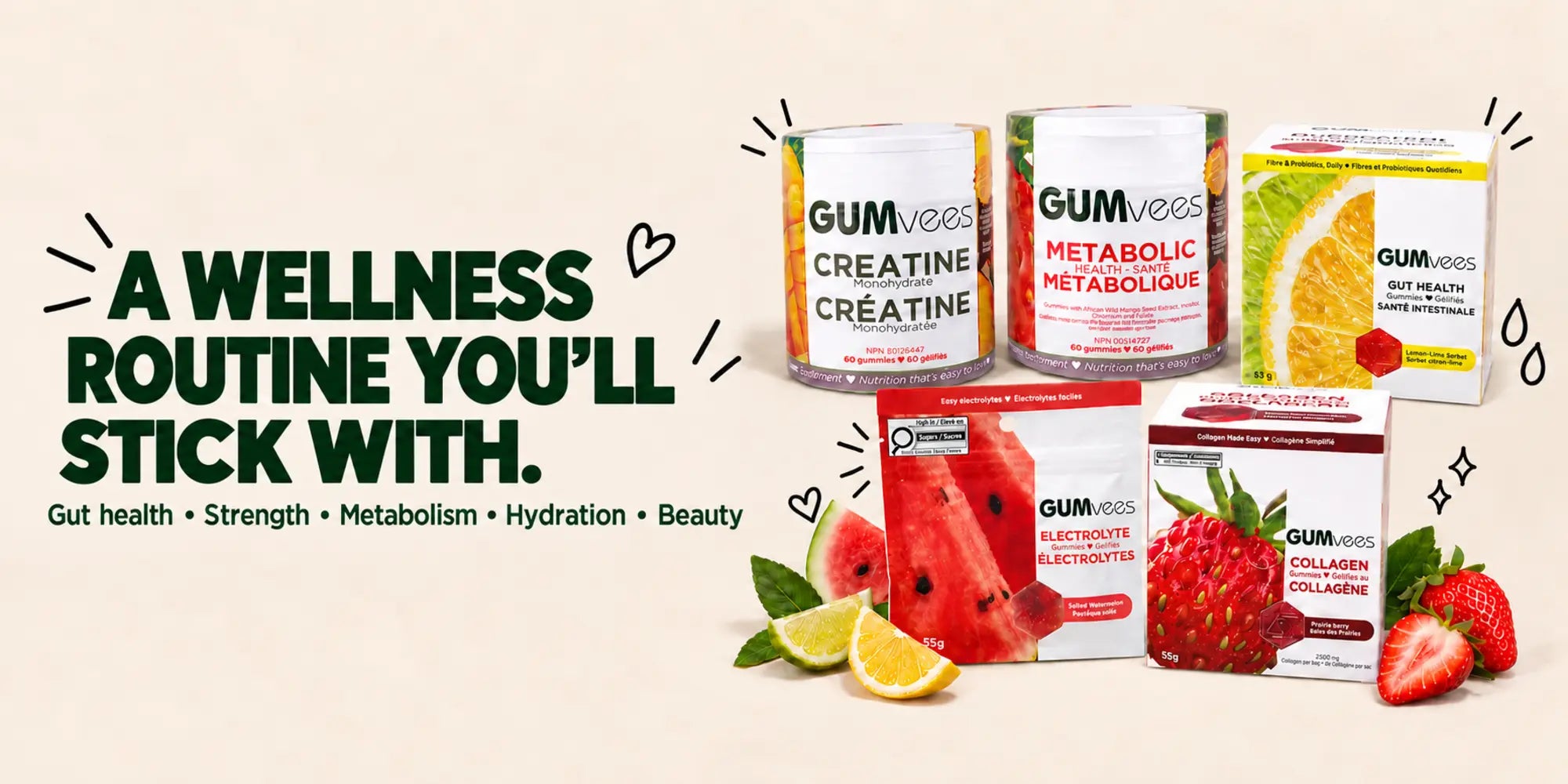 GUMvees Creatine, Metabolic Health, Gut Health, Electrolyte and Collagen gummies with fresh fruit
