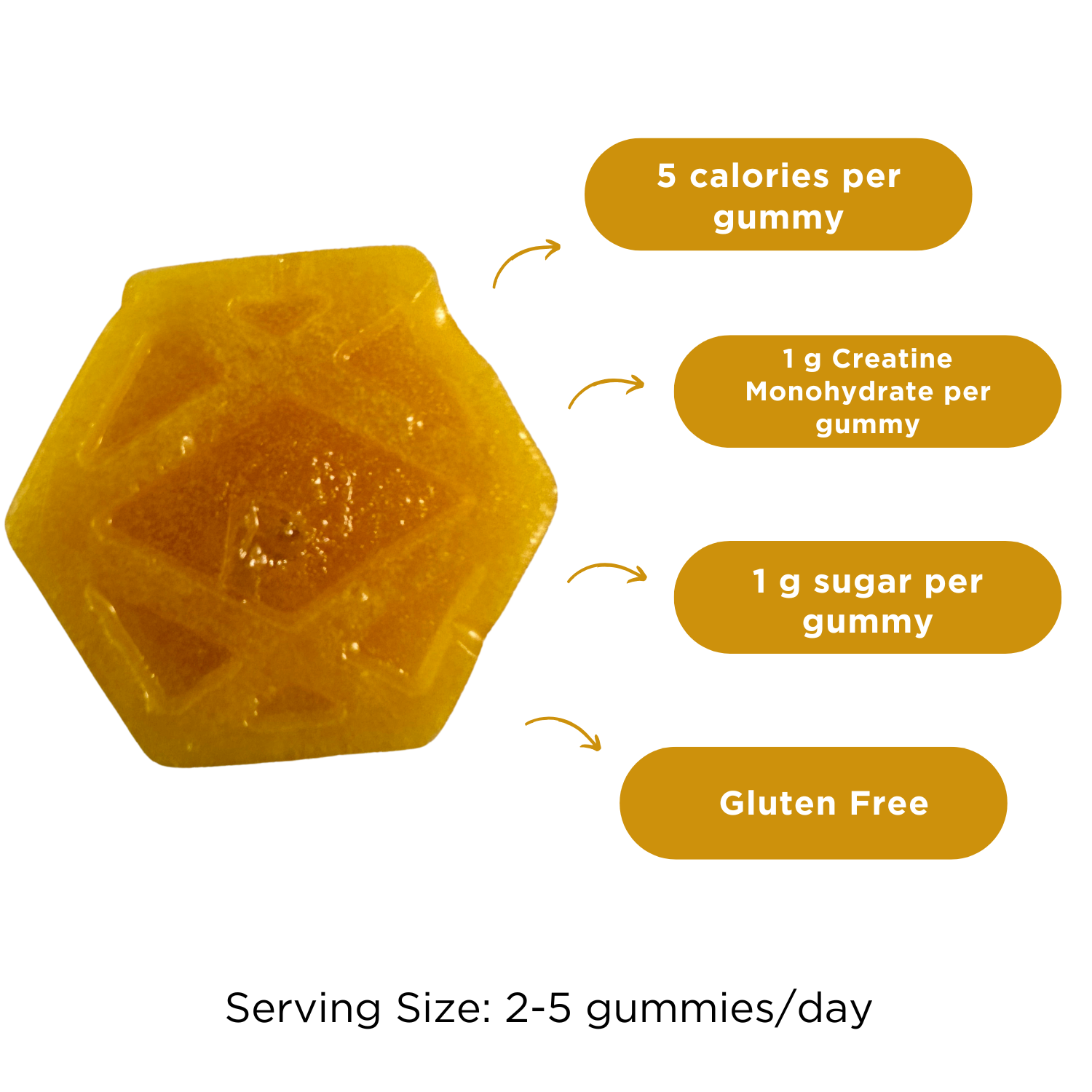 5 calories per gummy; 1 g creatine monohydrate per gummy; 1 g sugar per gummy; gluten free; serving size: 2-5 gummies/day