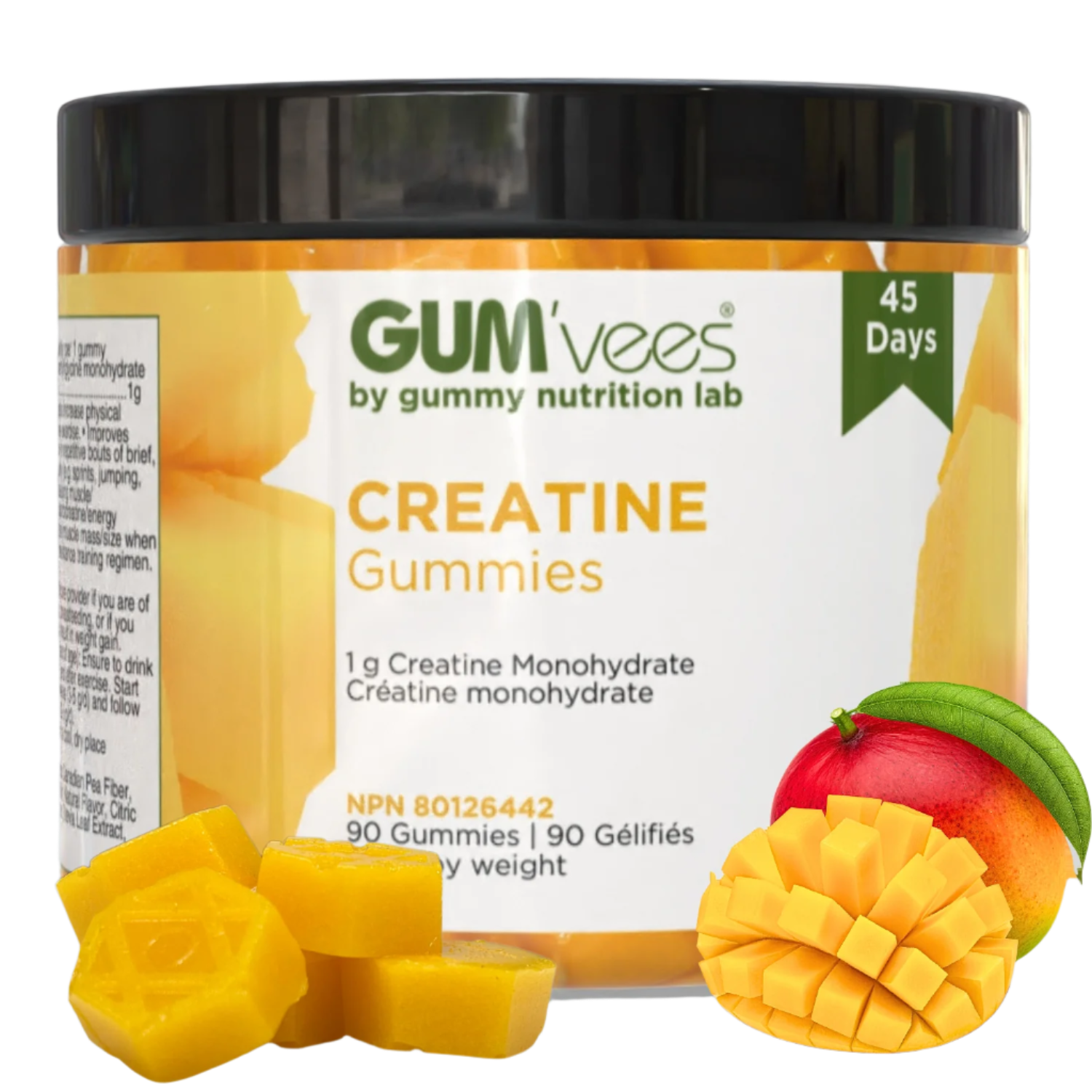 Jar of 90 (45 day supply) of mango creatine gum'vees with true to size real gummies and simulated mango to indicate flavour